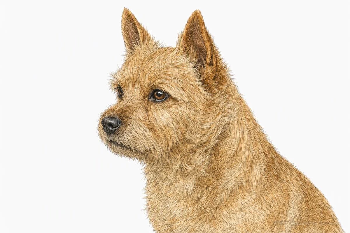 Original XPET engraving and watercolor illustration of Norwich Terrier: a head and coat detail study.