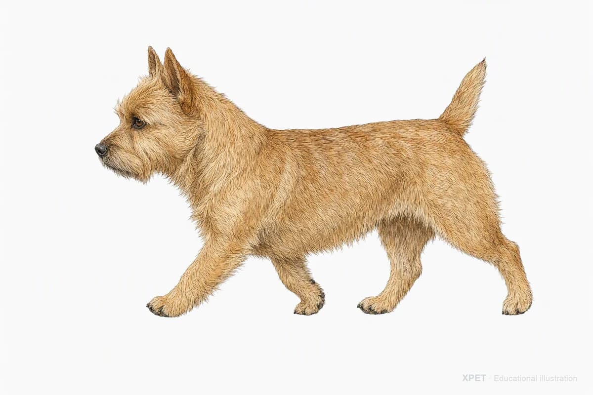 Original XPET engraving and watercolor illustration of Norwich Terrier: a natural movement study.