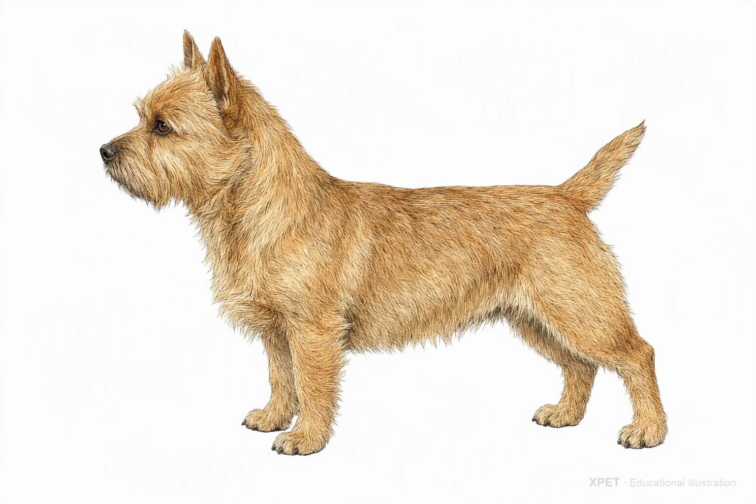 Original XPET engraving and watercolor illustration of Norwich Terrier: an adult in left-facing profile.