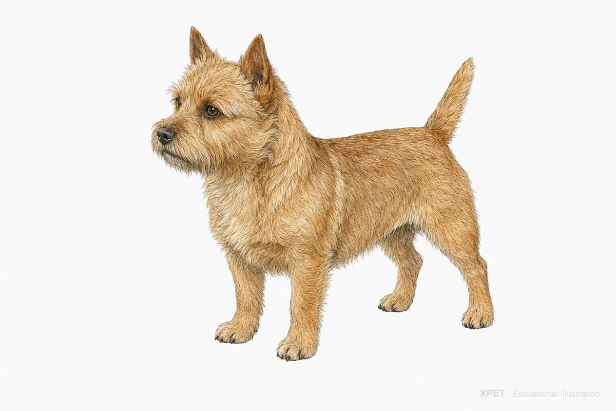 Original XPET engraving and watercolor illustration of Norwich Terrier: a complete three-quarter standing view.