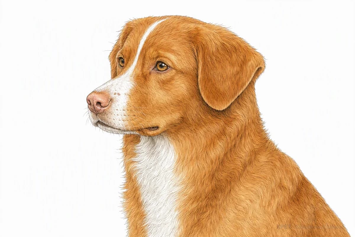 Original XPET engraving and watercolor illustration of Nova Scotia Duck Tolling Retriever: a head and coat detail study.