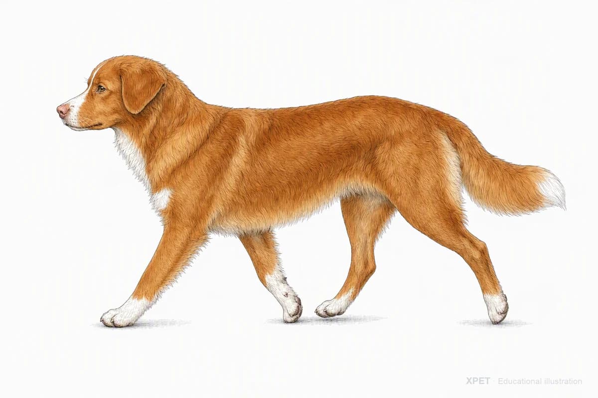 Original XPET engraving and watercolor illustration of Nova Scotia Duck Tolling Retriever: a natural movement study.