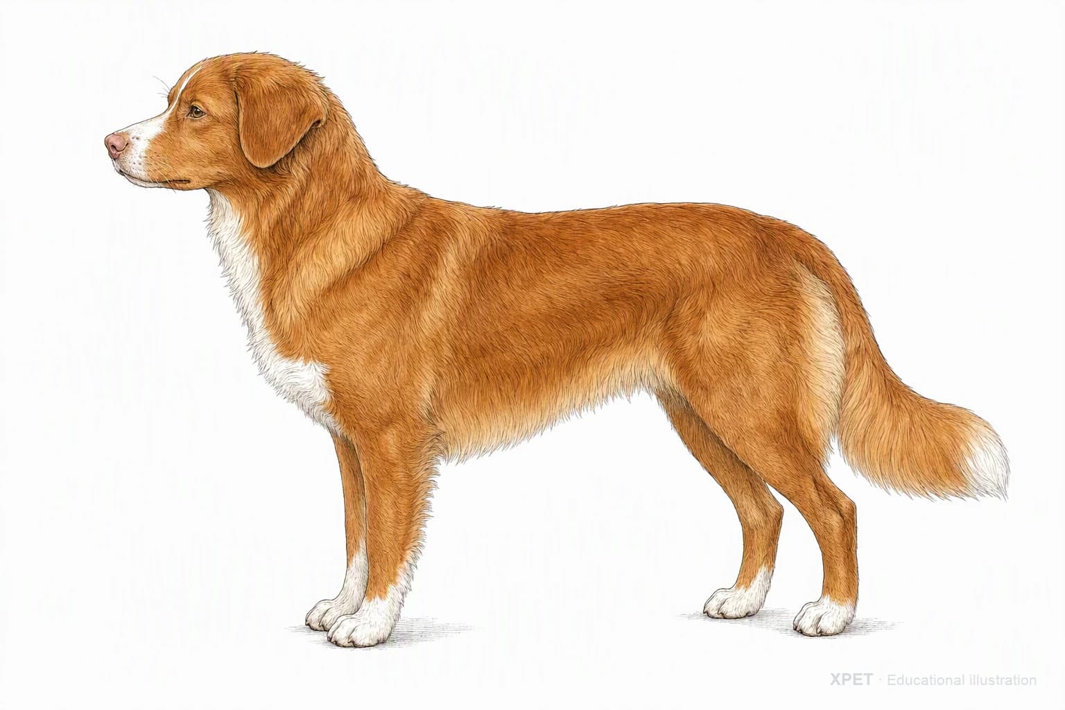 Original XPET engraving and watercolor illustration of Nova Scotia Duck Tolling Retriever: an adult in left-facing profile.