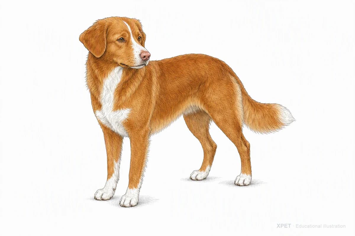 Original XPET engraving and watercolor illustration of Nova Scotia Duck Tolling Retriever: a complete three-quarter standing view.