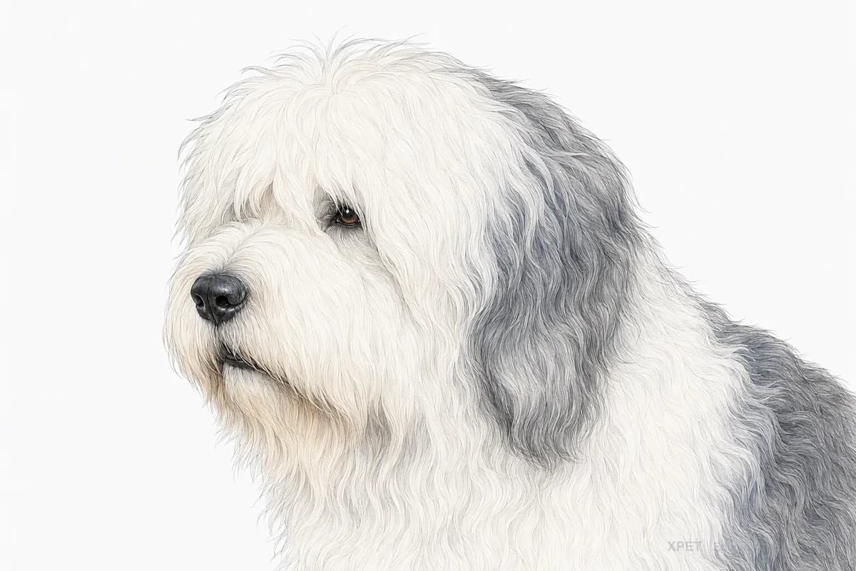 Original XPET engraving and watercolor illustration of Old English Sheepdog: a head and coat detail study.