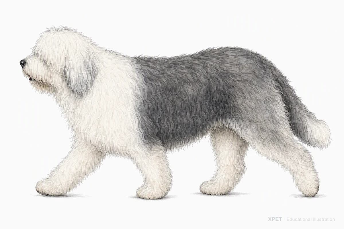 Original XPET engraving and watercolor illustration of Old English Sheepdog: a natural movement study.