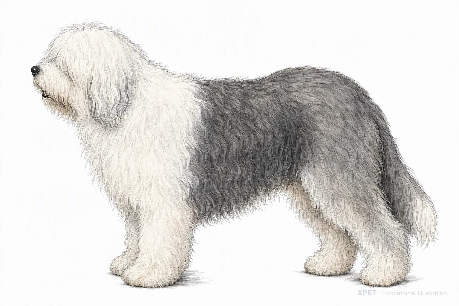 Original XPET engraving and watercolor illustration of Old English Sheepdog: an adult in left-facing profile.