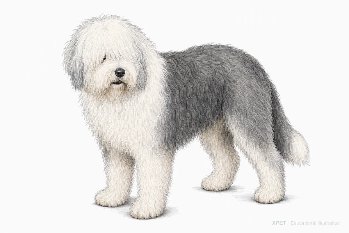 Original XPET engraving and watercolor illustration of Old English Sheepdog: a complete three-quarter standing view.