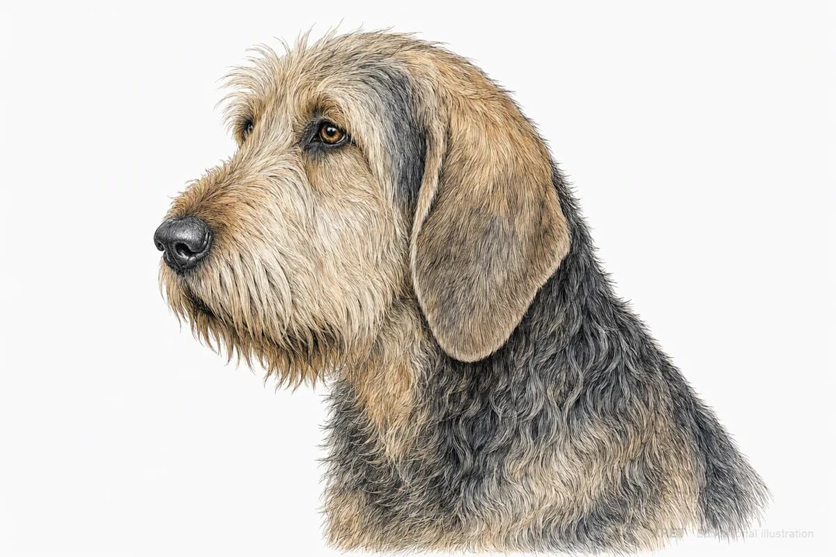 Original XPET engraving and watercolor illustration of Otterhound: a head and coat detail study.