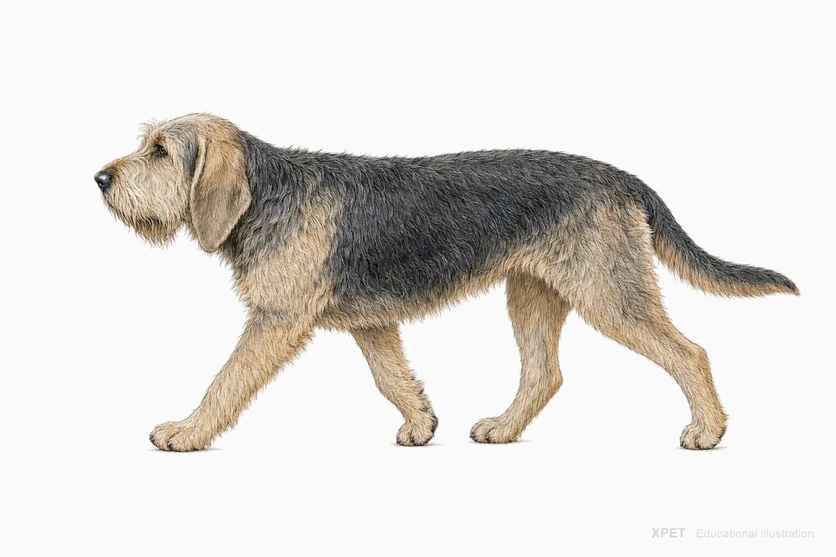 Original XPET engraving and watercolor illustration of Otterhound: a natural movement study.