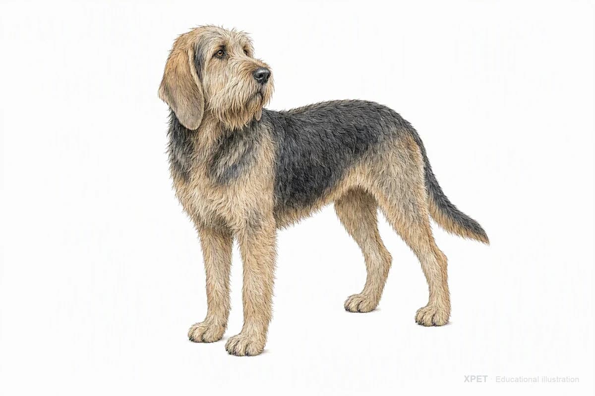 Original XPET engraving and watercolor illustration of Otterhound: a complete three-quarter standing view.