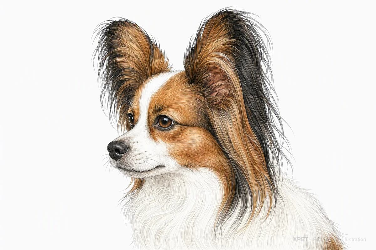 Original XPET engraving and watercolor illustration of Papillon: a head and coat detail study.
