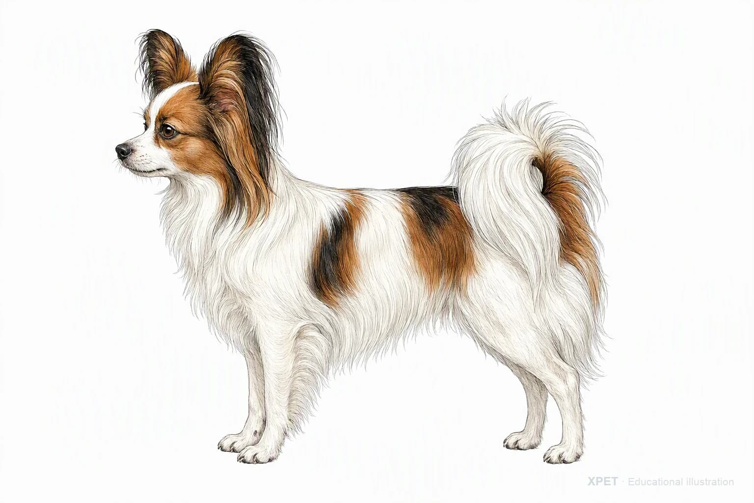 Original XPET engraving and watercolor illustration of Papillon: an adult in left-facing profile.