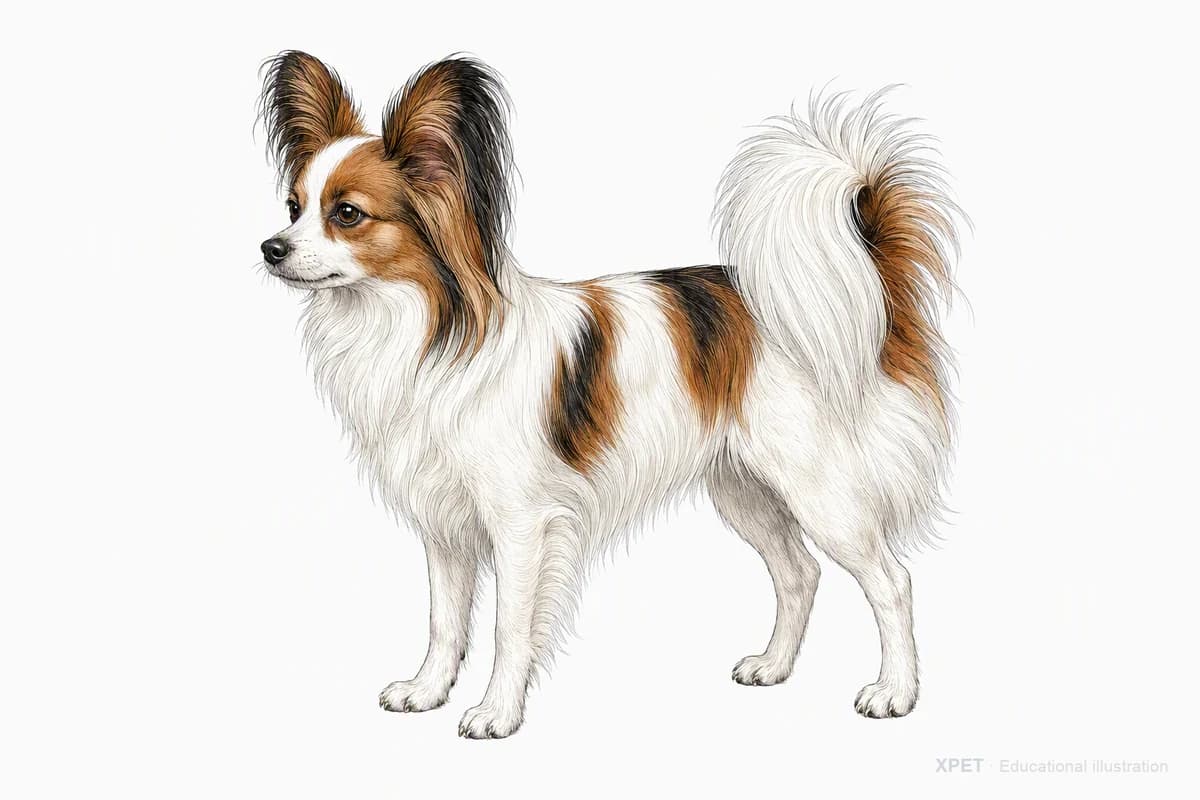 Original XPET engraving and watercolor illustration of Papillon: a complete three-quarter standing view.