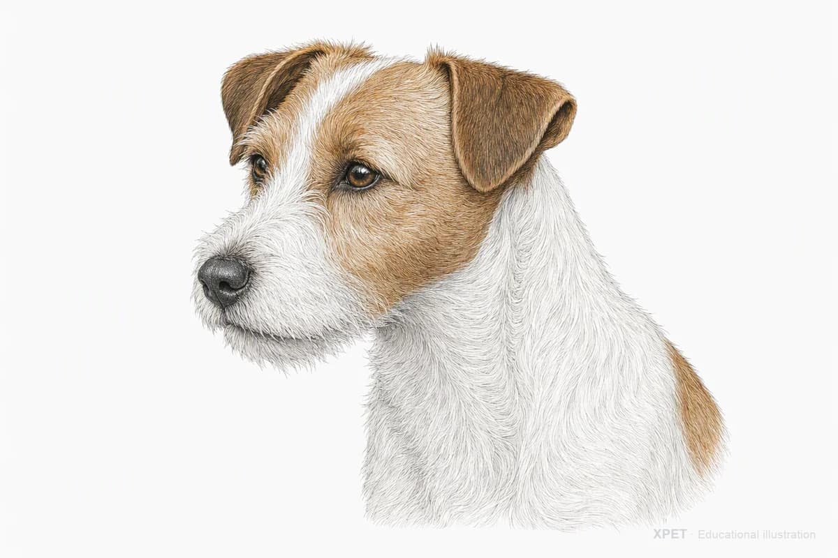 Original XPET engraving and watercolor illustration of Parson Russell Terrier: a head and coat detail study.