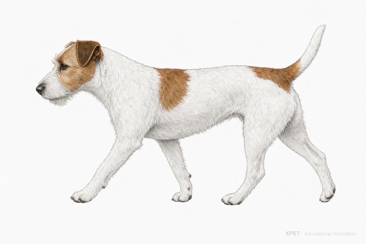 Original XPET engraving and watercolor illustration of Parson Russell Terrier: a natural movement study.