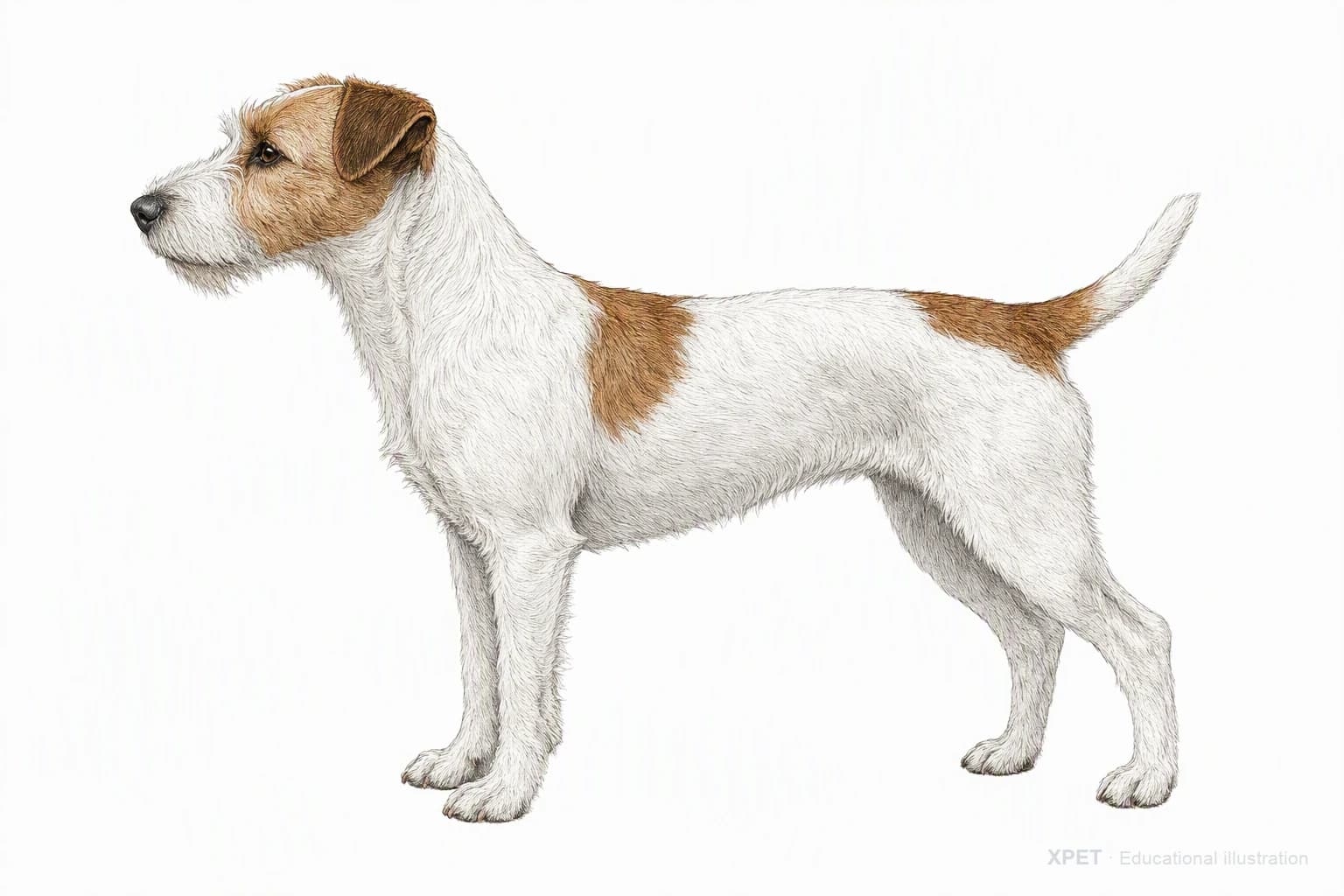 Original XPET engraving and watercolor illustration of Parson Russell Terrier: an adult in left-facing profile.