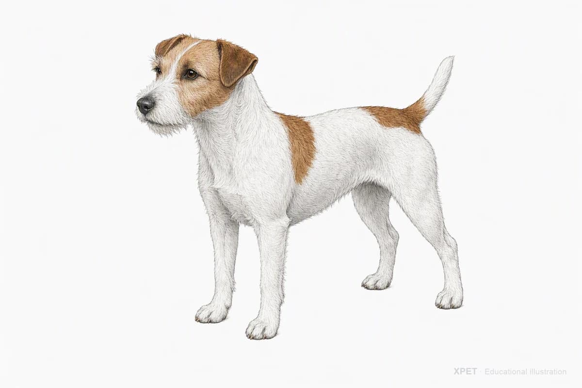 Original XPET engraving and watercolor illustration of Parson Russell Terrier: a complete three-quarter standing view.