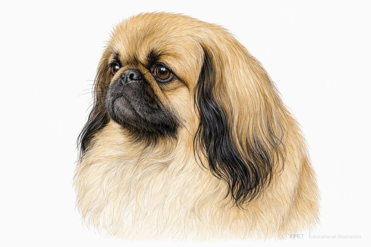 Original XPET engraving and watercolor illustration of Pekingese: a head and coat detail study.
