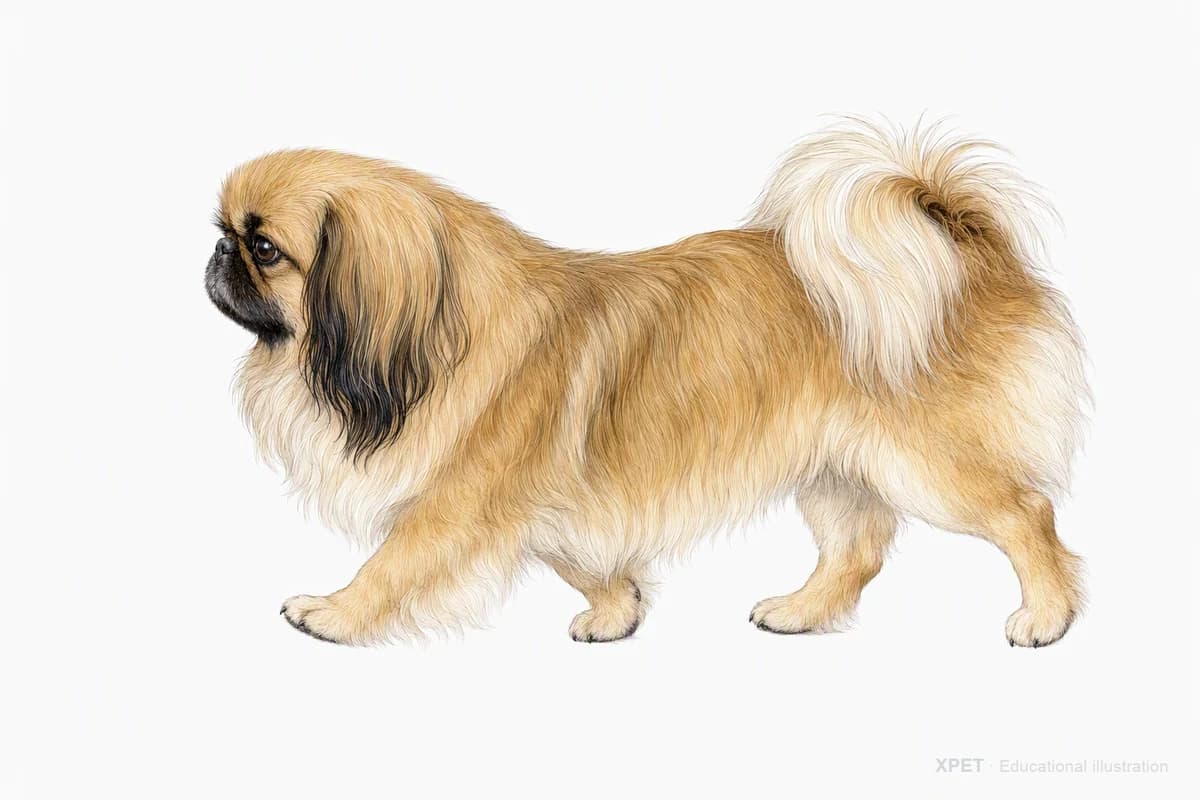 Original XPET engraving and watercolor illustration of Pekingese: a natural movement study.