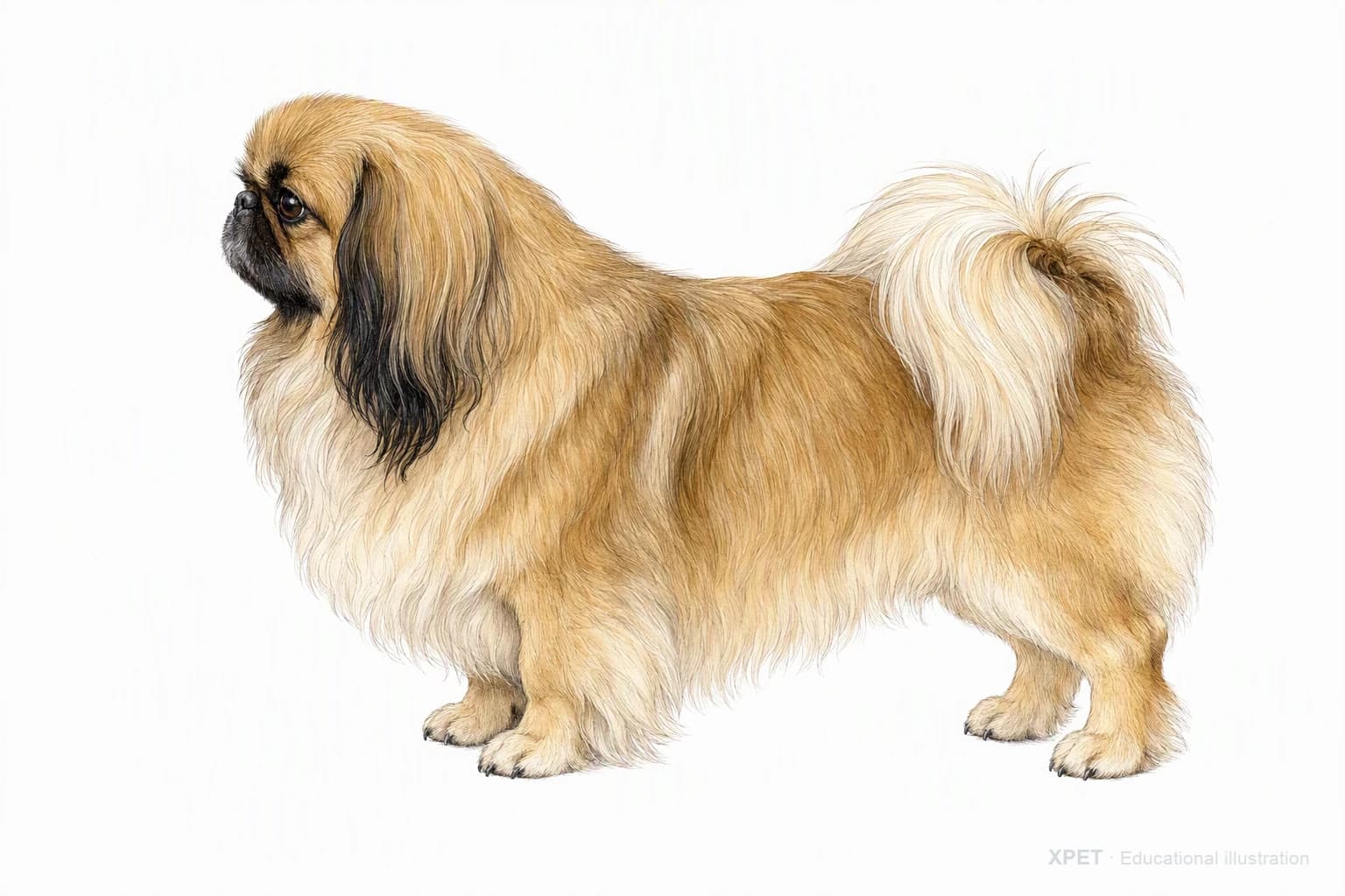 Original XPET engraving and watercolor illustration of Pekingese: an adult in left-facing profile.