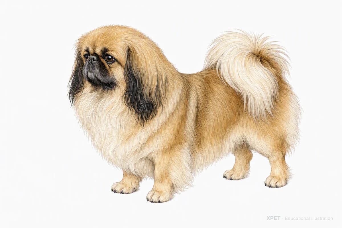 Original XPET engraving and watercolor illustration of Pekingese: a complete three-quarter standing view.