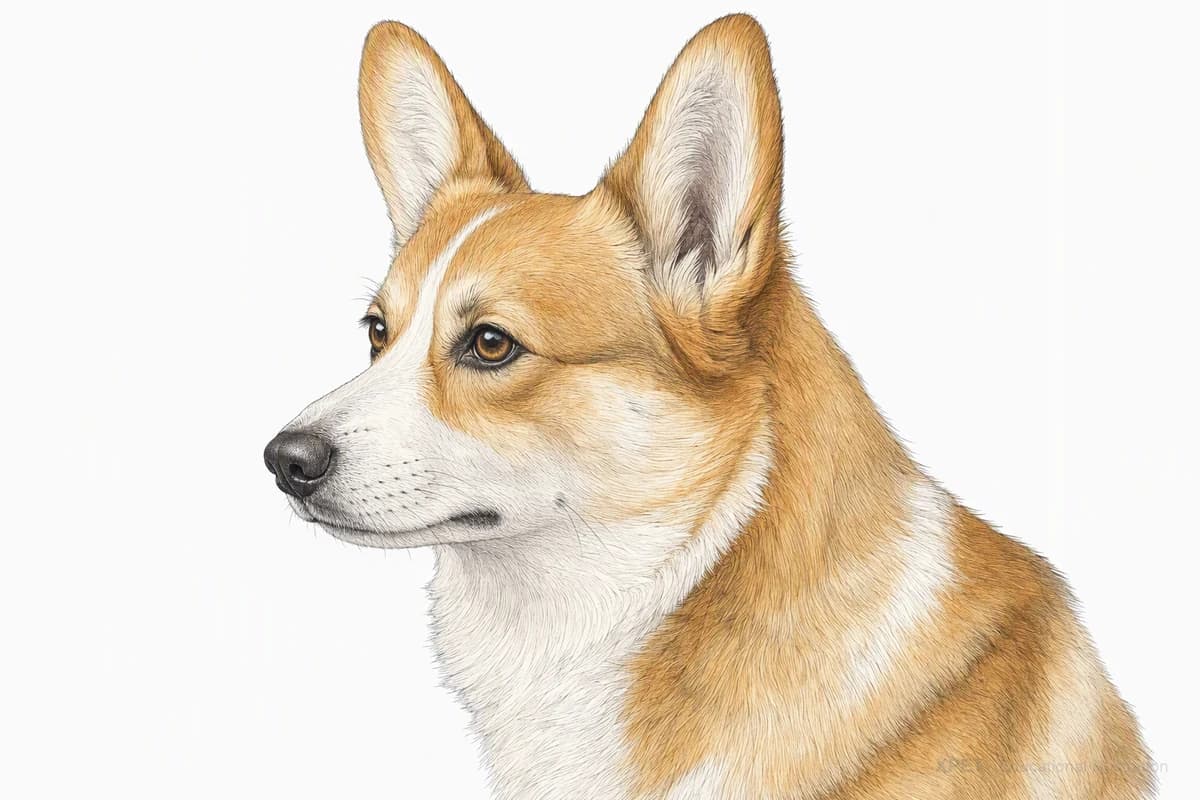 Original XPET engraving and watercolor illustration of Pembroke Welsh Corgi: a head and coat detail study.