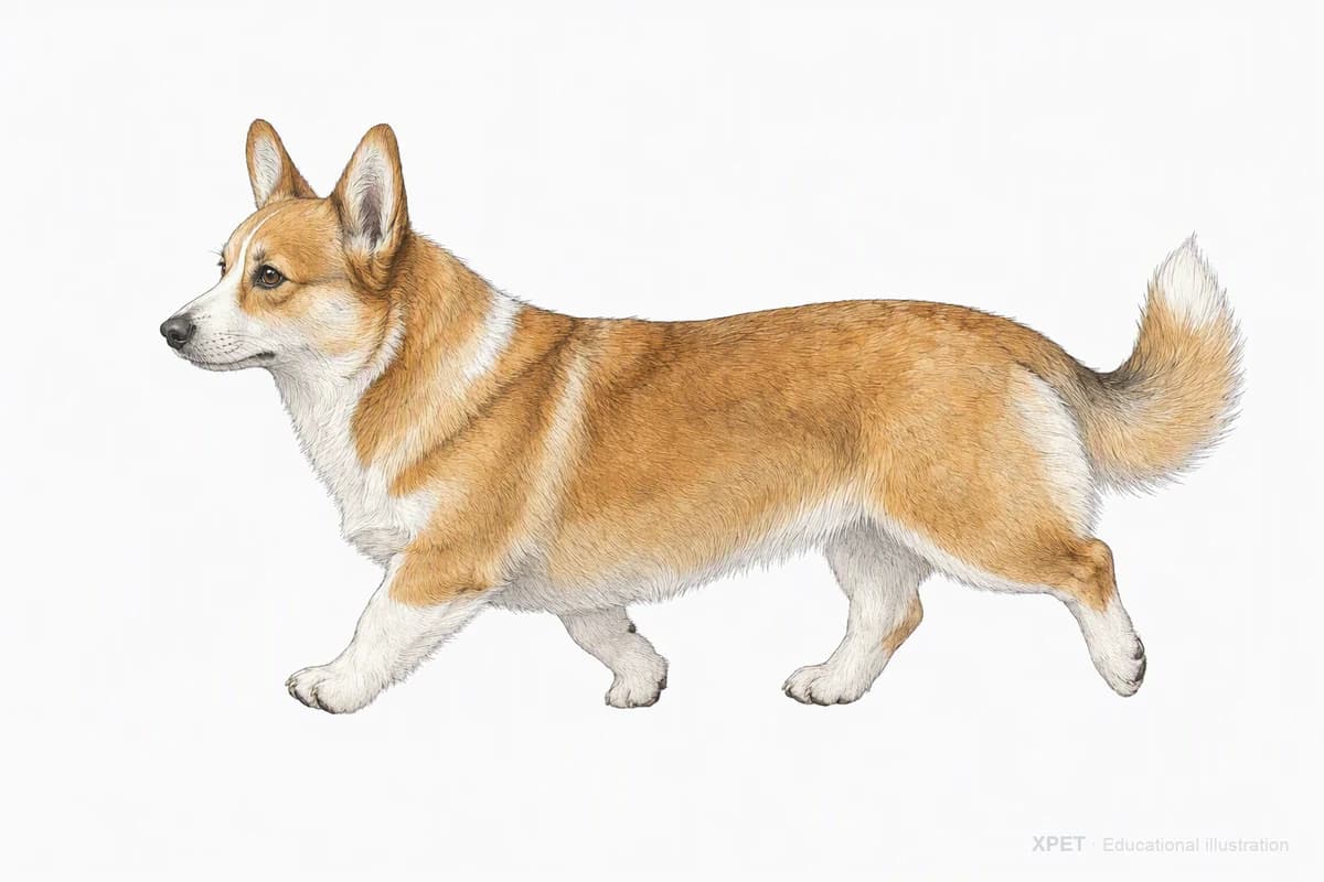 Original XPET engraving and watercolor illustration of Pembroke Welsh Corgi: a natural movement study.