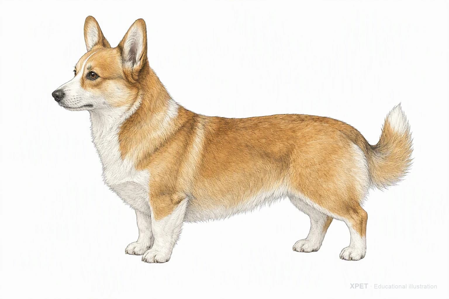 Original XPET engraving and watercolor illustration of Pembroke Welsh Corgi: an adult in left-facing profile.