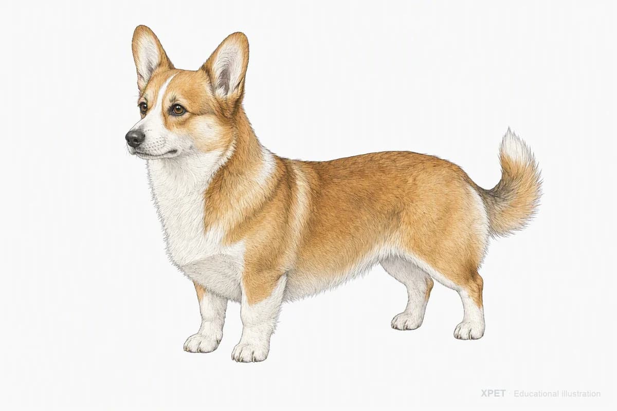 Original XPET engraving and watercolor illustration of Pembroke Welsh Corgi: a complete three-quarter standing view.