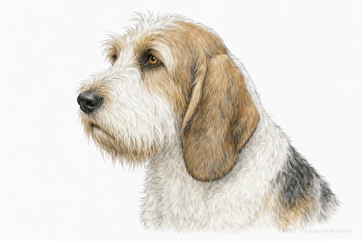 Original XPET engraving and watercolor illustration of Petit Basset Griffon Vendéen: a head and coat detail study.