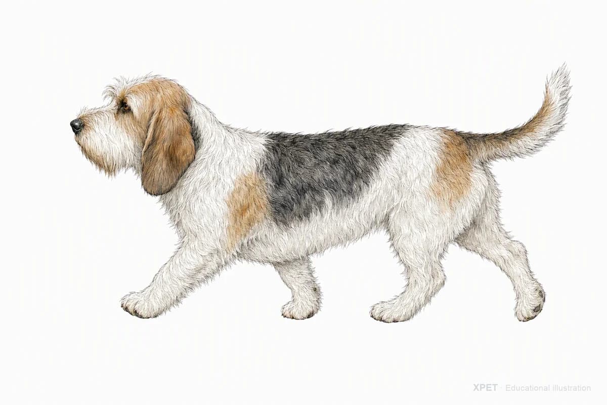 Original XPET engraving and watercolor illustration of Petit Basset Griffon Vendéen: a natural movement study.