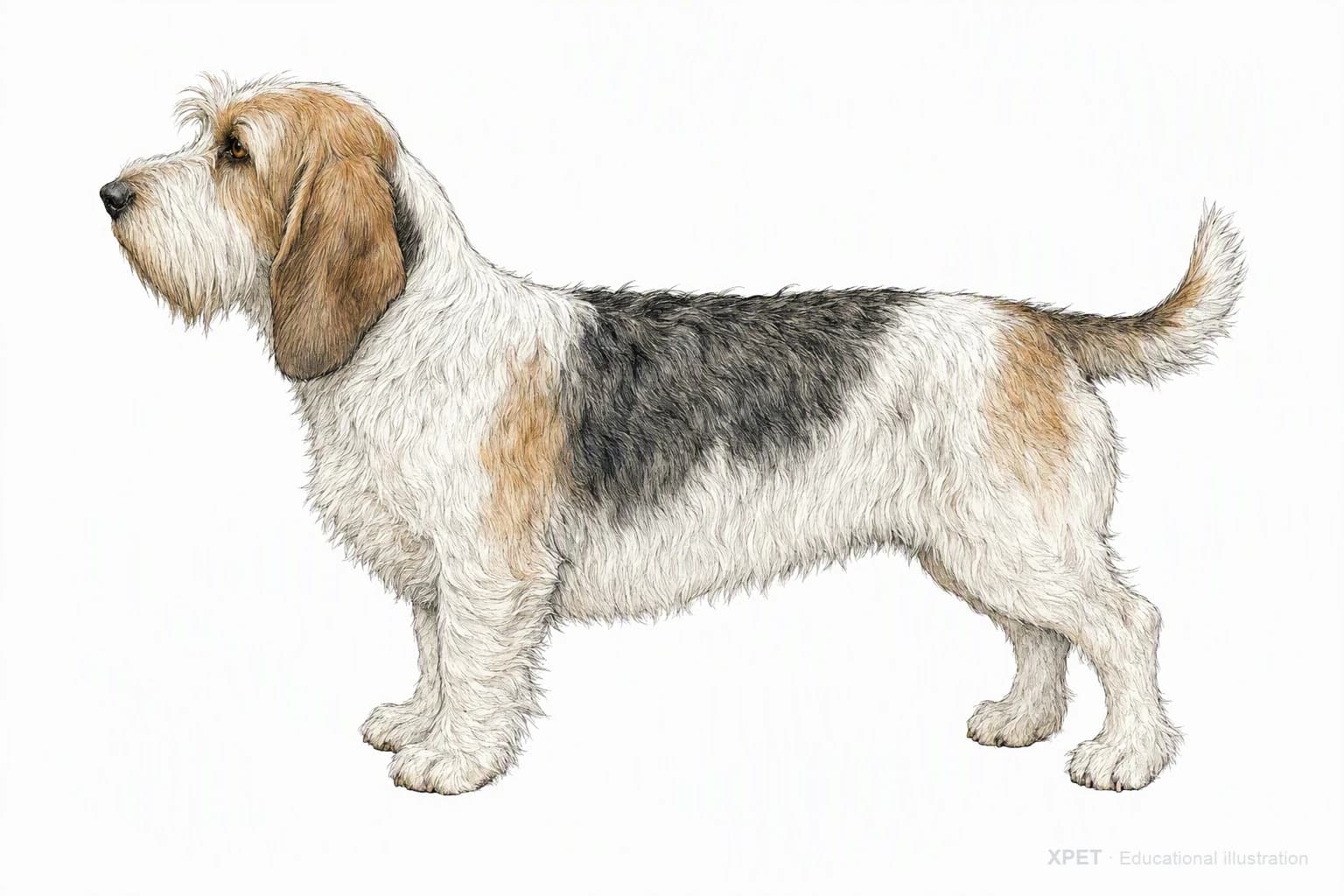 Original XPET engraving and watercolor illustration of Petit Basset Griffon Vendéen: an adult in left-facing profile.