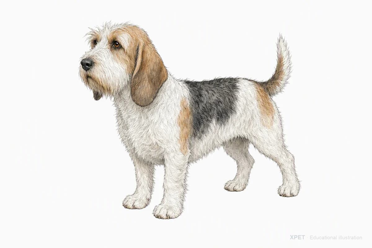 Original XPET engraving and watercolor illustration of Petit Basset Griffon Vendéen: a complete three-quarter standing view.