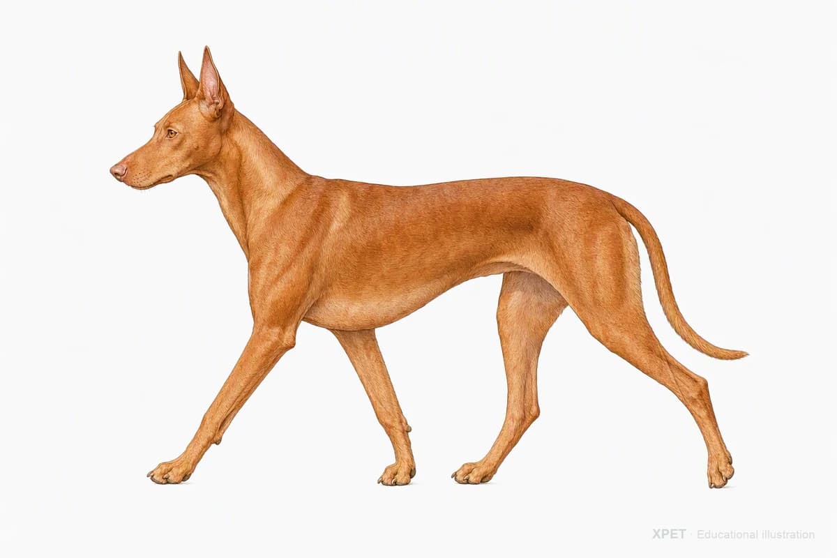 Original XPET engraving and watercolor illustration of Pharaoh Hound: a natural movement study.
