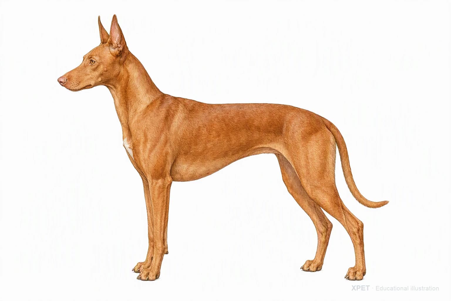 Original XPET engraving and watercolor illustration of Pharaoh Hound: an adult in left-facing profile.