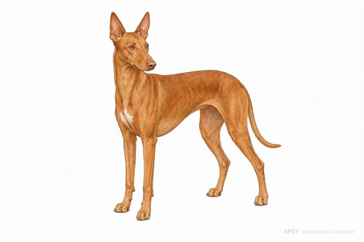 Original XPET engraving and watercolor illustration of Pharaoh Hound: a complete three-quarter standing view.