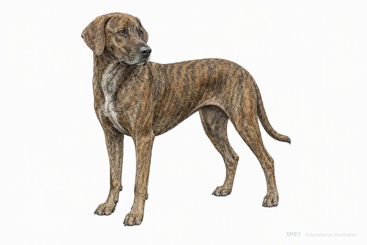 Original XPET engraving and watercolor illustration of Plott: a complete three-quarter standing view.