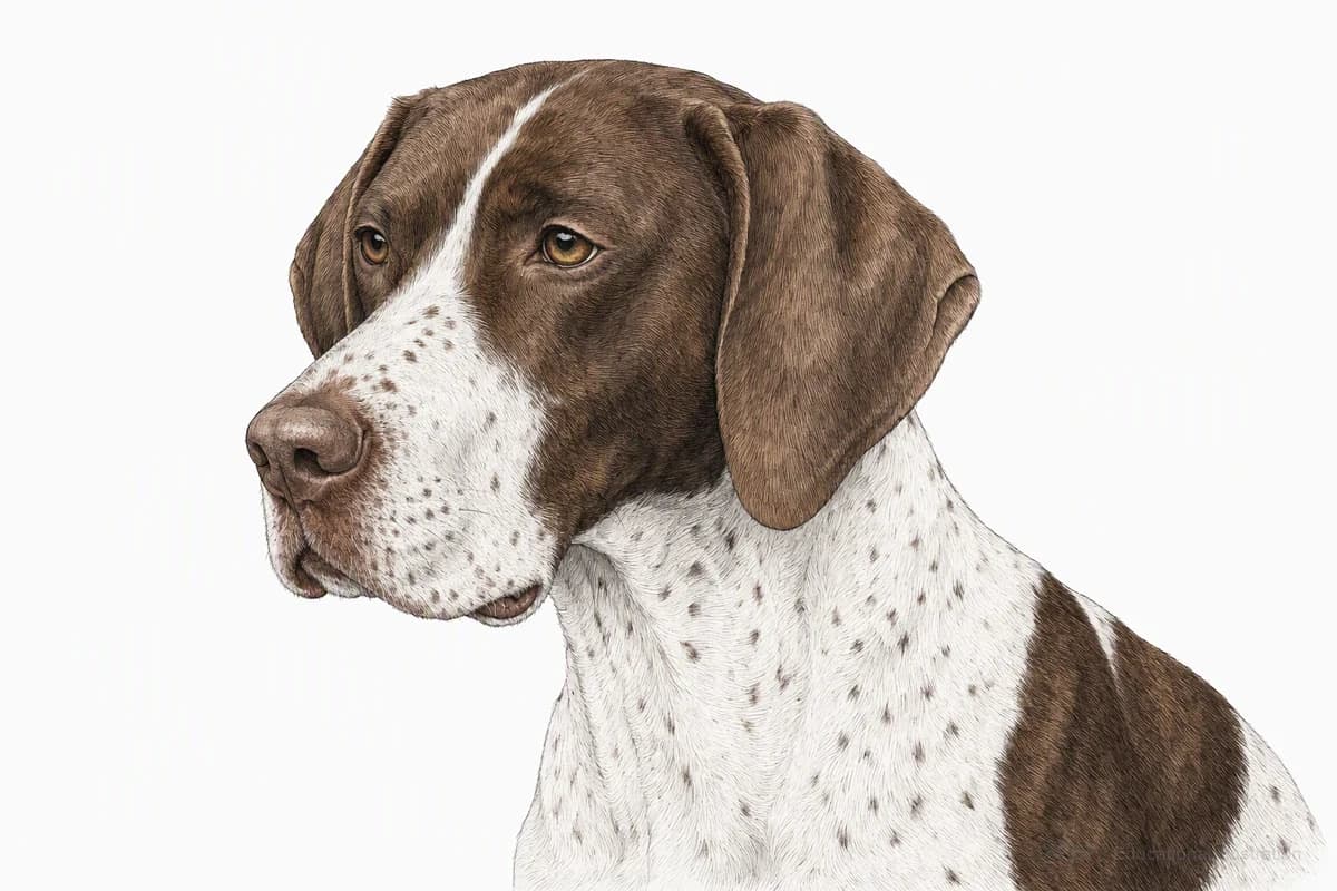 Original XPET engraving and watercolor illustration of Pointer: a head and coat detail study.