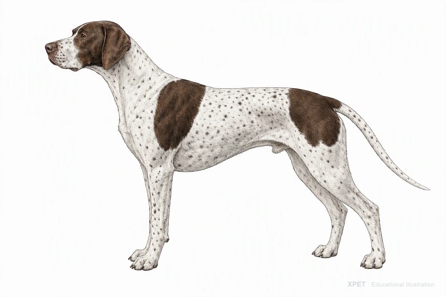 Original XPET engraving and watercolor illustration of Pointer: an adult in left-facing profile.