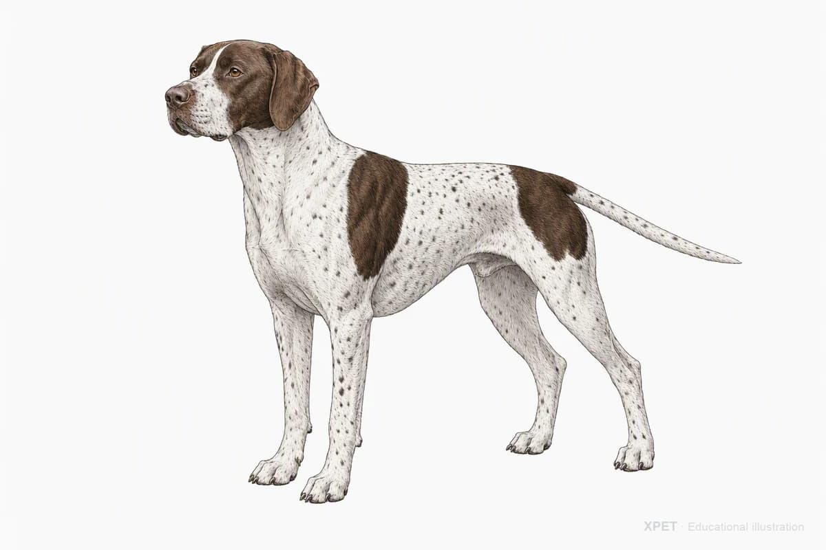 Original XPET engraving and watercolor illustration of Pointer: a complete three-quarter standing view.