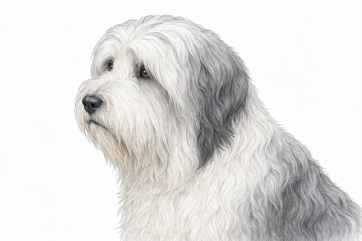 Original XPET engraving and watercolor illustration of Polish Lowland Sheepdog: a head and coat detail study.