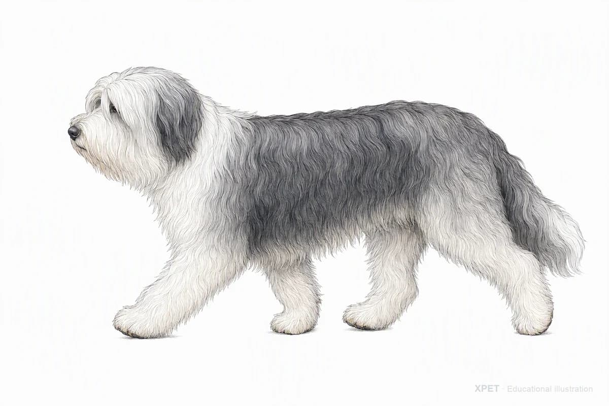 Original XPET engraving and watercolor illustration of Polish Lowland Sheepdog: a natural movement study.