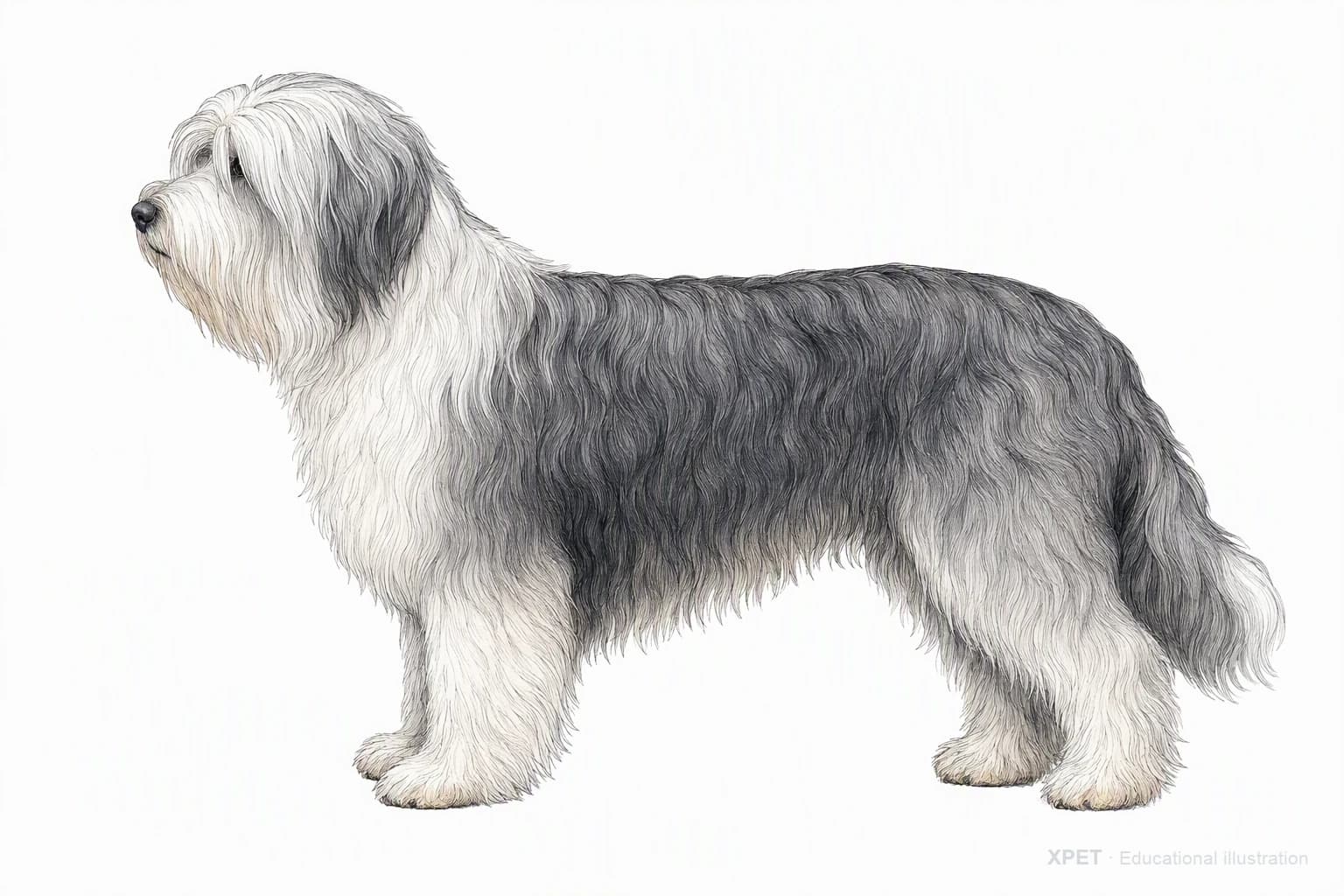Original XPET engraving and watercolor illustration of Polish Lowland Sheepdog: an adult in left-facing profile.