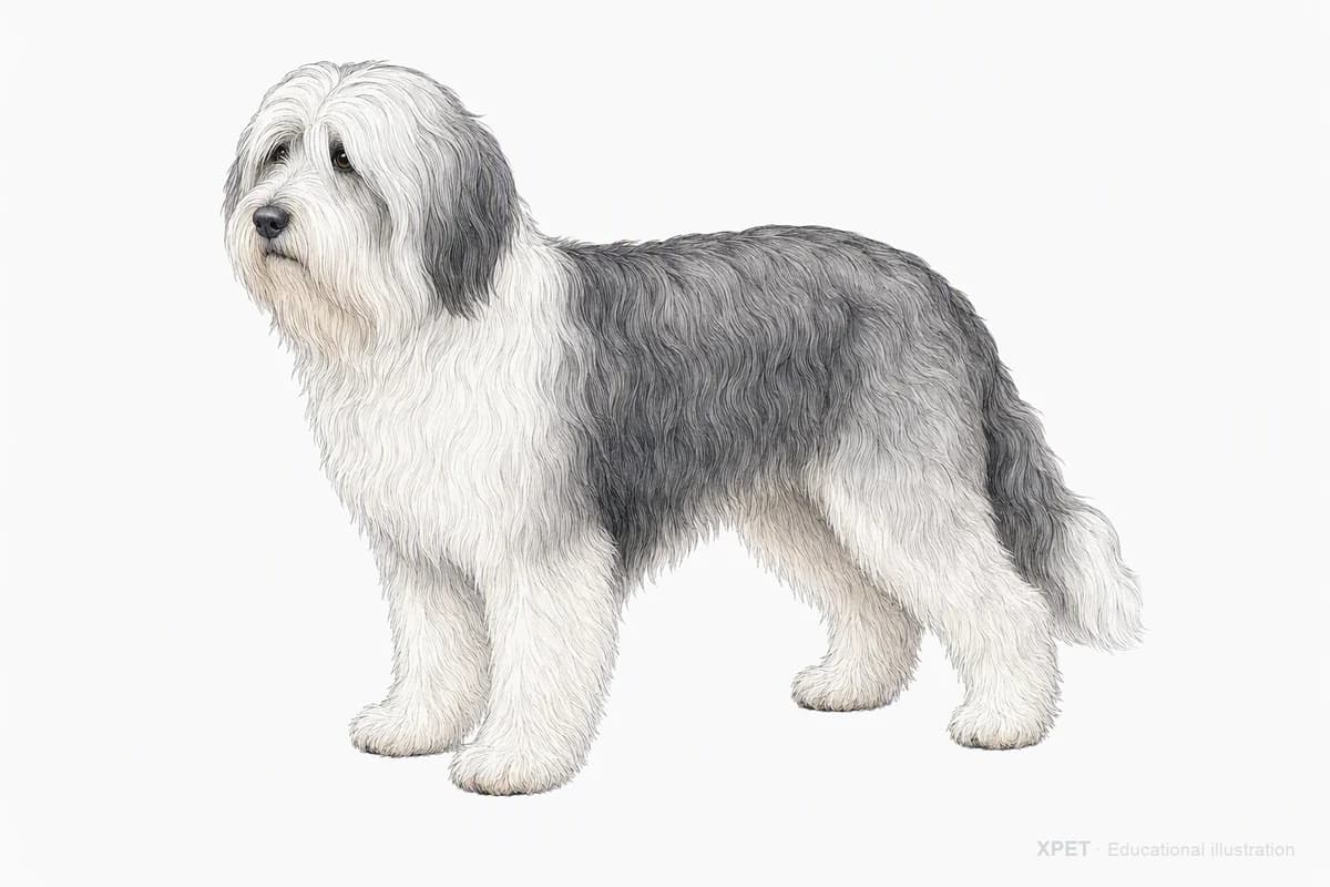 Original XPET engraving and watercolor illustration of Polish Lowland Sheepdog: a complete three-quarter standing view.