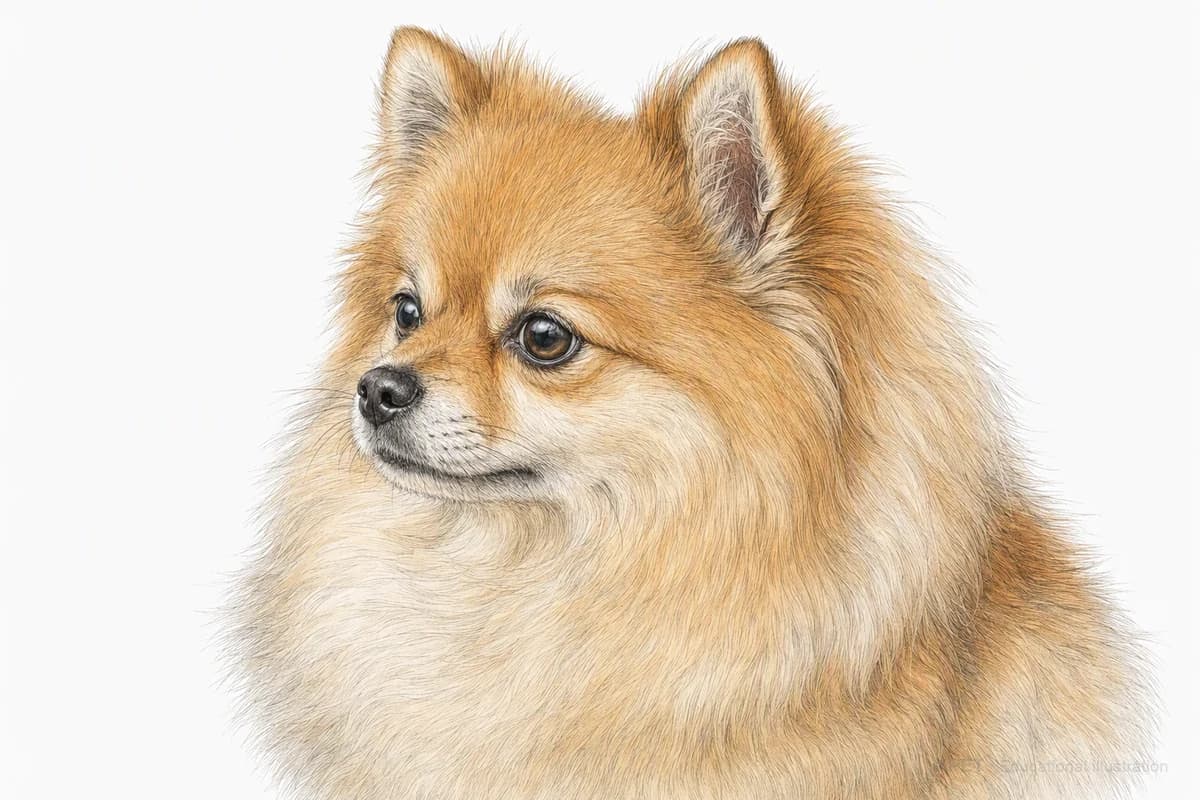 Original XPET engraving and watercolor illustration of Pomeranian: a head and coat detail study.