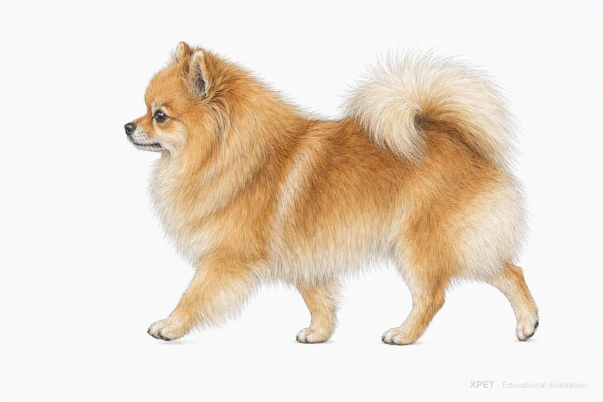 Original XPET engraving and watercolor illustration of Pomeranian: a natural movement study.