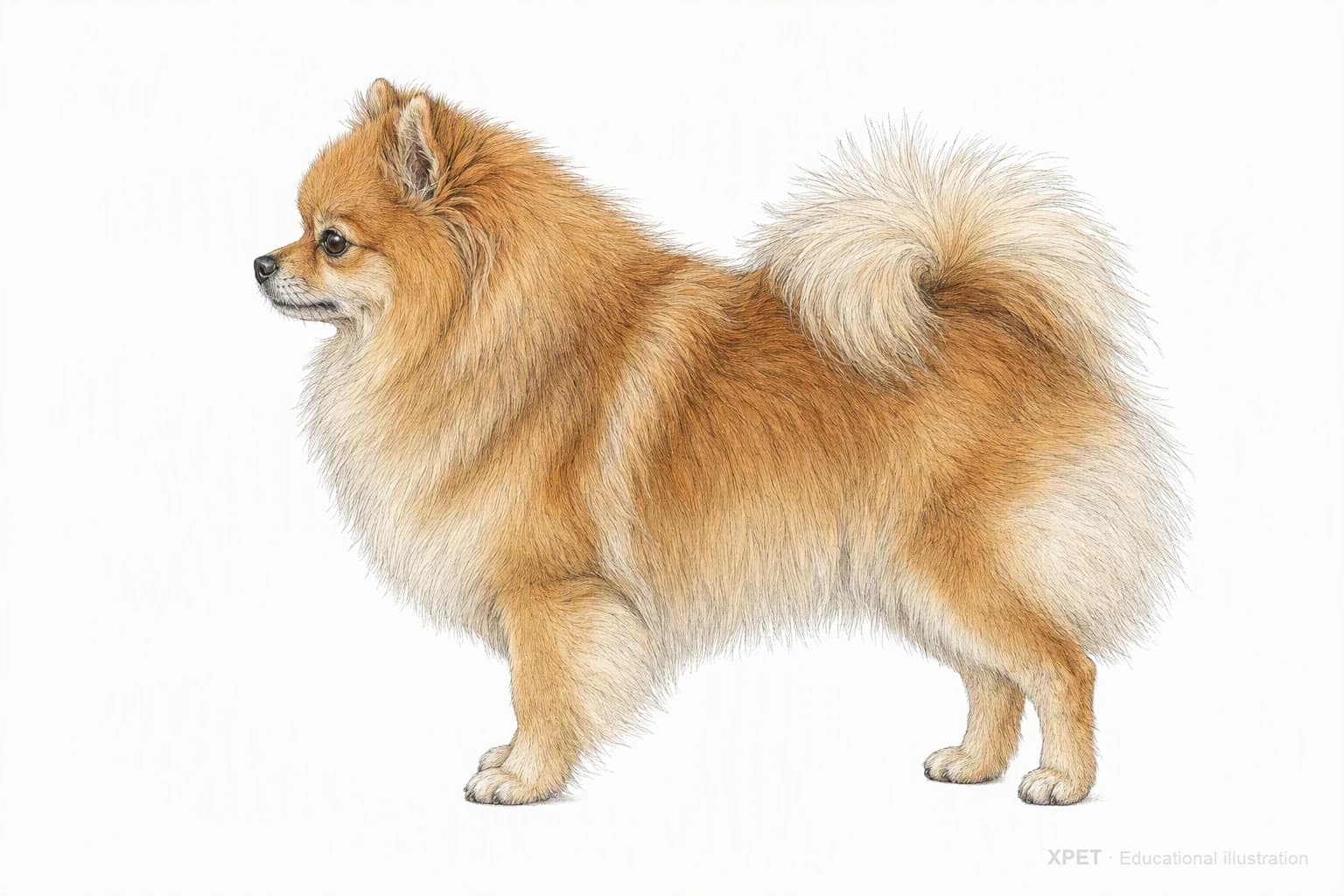 Original XPET engraving and watercolor illustration of Pomeranian: an adult in left-facing profile.