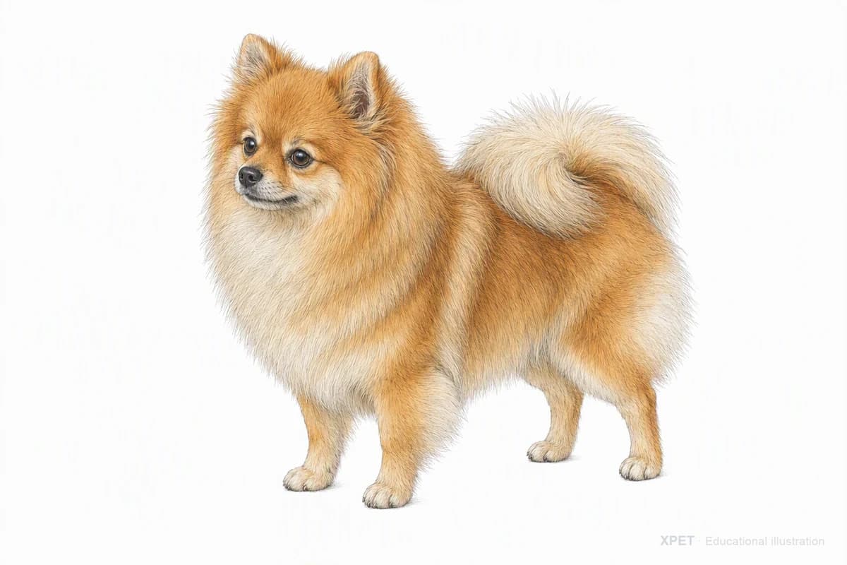 Original XPET engraving and watercolor illustration of Pomeranian: a complete three-quarter standing view.