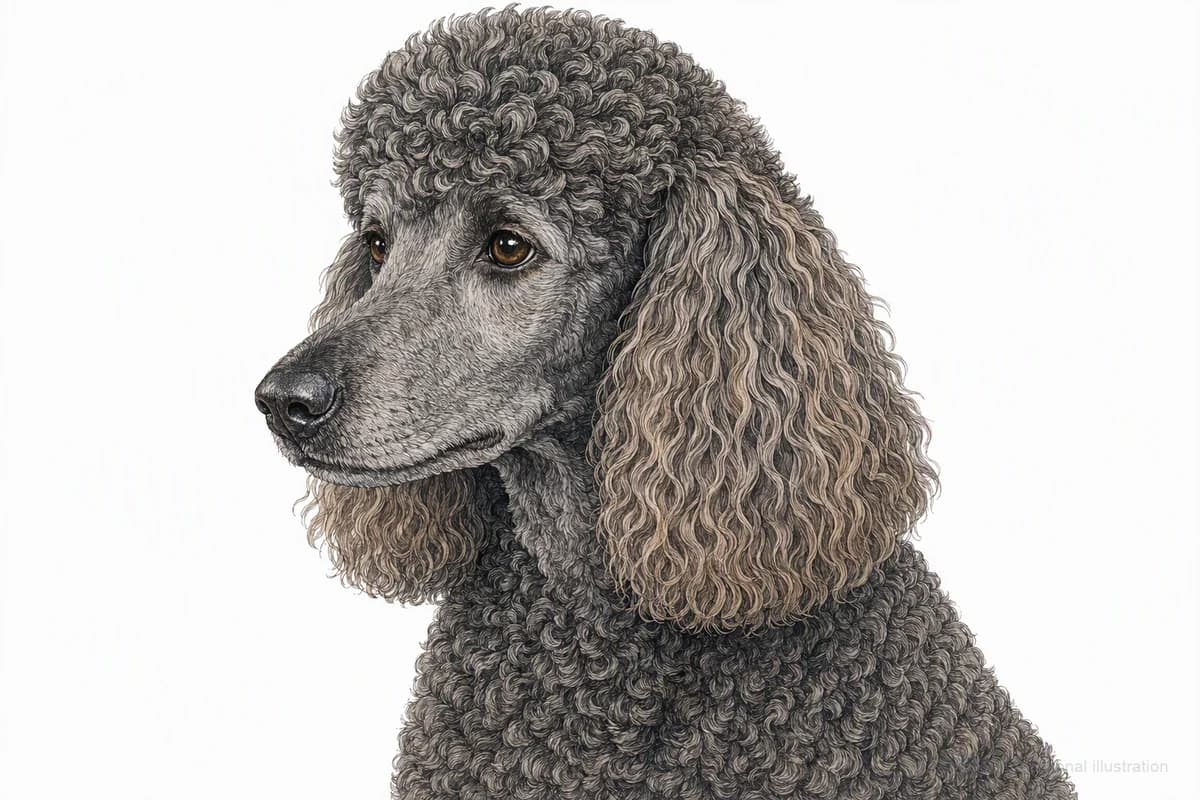 Original XPET engraving and watercolor illustration of Poodle: a head and coat detail study.